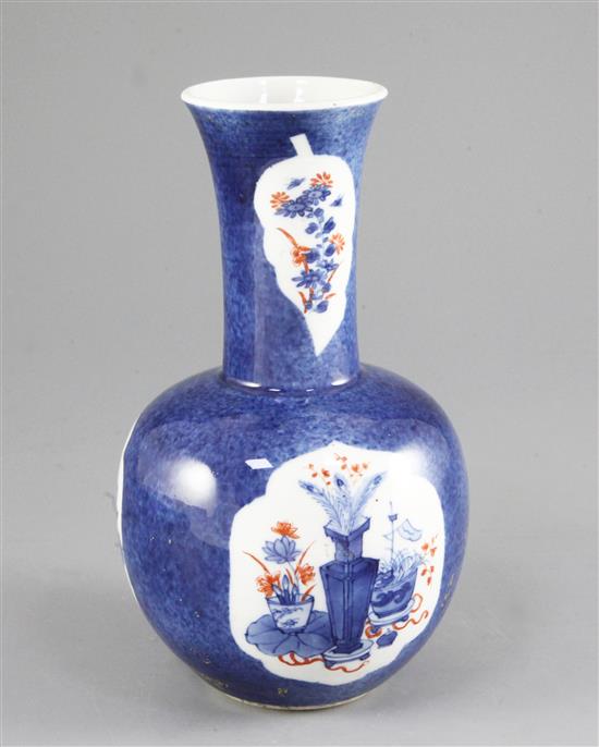 An unusual Chinese powder blue ground bottle vase, Kangxi period, height 20cm, gilding worn